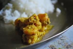Chingri Bhape with steamed rice